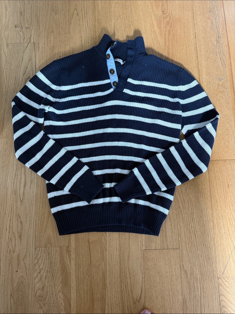 Men's Navy and White Striped Zip-Up Stand-Collar Sweater